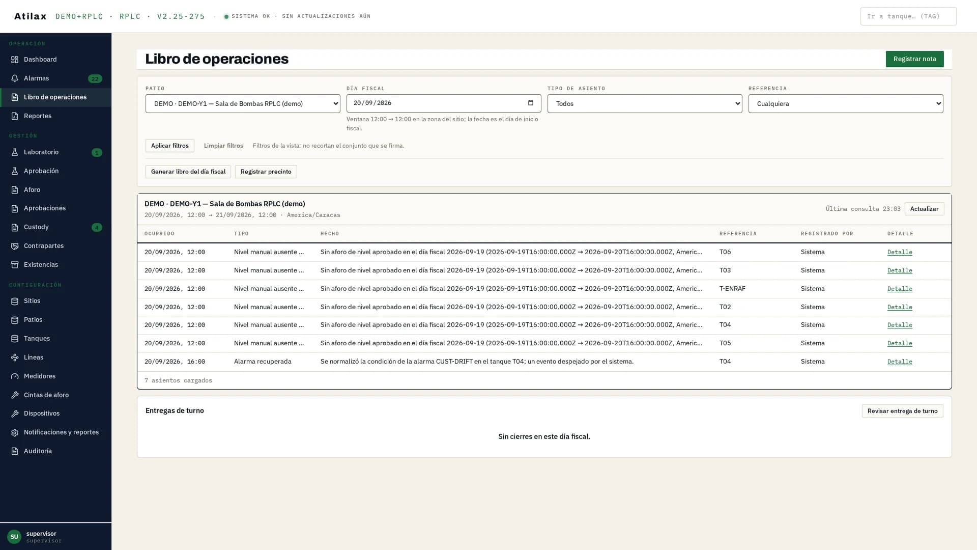 Pantalla de TankOS: libro de operaciones de un día, con sus asientos y las ausencias señaladas.